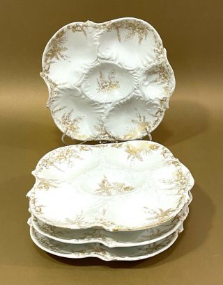 Antique Limoges France Oyster Plates 5 Wells M.  Redon White W/ Gold Seashells
