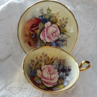 STUNNING AYNSLEY GOLD TEACUP & SAUCER CABBAGE ROSE SIGNED J A BAILEY 3