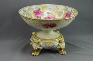 Hand Painted Nippon Raised Gold Moriage Center Bowl With Plinth Red Rose Antique