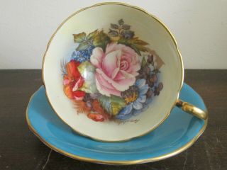 Aynsley England Cup And Saucer Turquoise Blue Signed J.  A.  Bailey Cabbage Rose