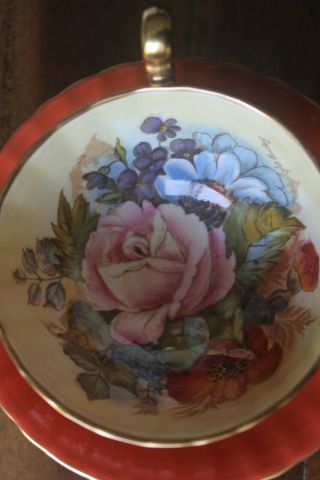 Aynsley Orange Rust J A Bailey Cabbage Rose Poppy Bouquet Teacup Tea cup Saucer 5