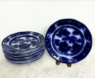 11 Podmore Walker & Co 19th Century Flow Blue Ironstone Manilla Salad Plates