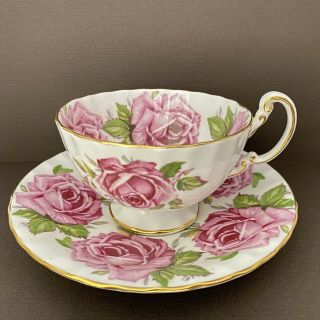 Aynsley Tea Cup And Saucer Large Pink Roses Cabbage Roses Gold Trim 1930’s Stamp