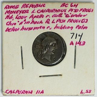 90 Bc - Roman Republic.  L.  Calpurnius Piso Frugi Ar Denarius