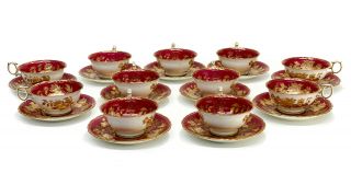 11 Wedgwood England Porcelain Cup And Saucers In Tonquin Ruby,  C1930