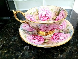 Aynsley 13 Large Cabbage Pink Roses Heavy Gold Tea Cup & Saucer Set.  Repaired Ha