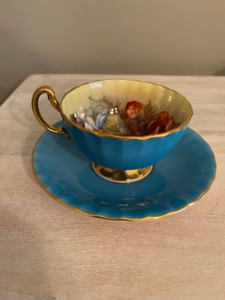 AYNSLEY TEACUP & SAUCER SIGNED J A BAILEY CABBAGE ROSE TURQUOISE BLUE 3