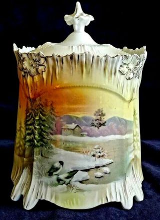 19th C Porcelain Rs Prussia Biscuit Jar W Lid Winter Scene Icicle Design