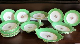 Antique John Rose Coalport Dessert Set Green Rims Plates Cake Compote Bowl 6/368