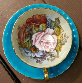 Aynsley Turquoise Signed J.  A.  Bailey Cabbage Rose Teacup And Saucer Set