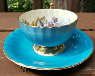 AYNSLEY Turquoise Signed J.  A.  Bailey Cabbage Rose Teacup and Saucer Set 2