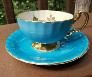 AYNSLEY Turquoise Signed J.  A.  Bailey Cabbage Rose Teacup and Saucer Set 3