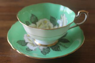 Paragon Green White Cabbage Roses Gold Teacup Tea Cup Saucer 2