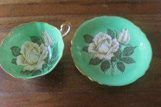 Paragon Green White Cabbage Roses Gold Teacup Tea Cup Saucer 3