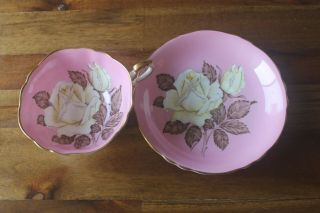 Paragon Large Cabbage White Roses pink gold double warrant tea cup teacup saucer 3