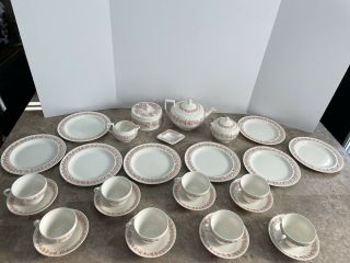 Wedgewood pink on cream queensware set for 8 tea pot plates Sugar Milk England 2