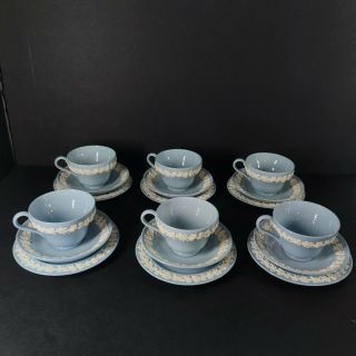Vintage Set 6 Wedgwood Embossed Queensware Blue Tea Cup &saucer & Butter Plate.