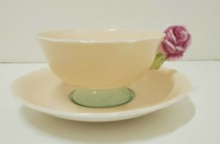 Rare Paragon Double Warrant Pastel Peach Green Rose Handle Tea Cup & Saucer