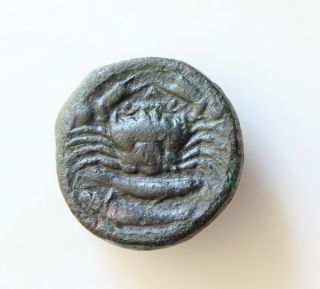 Sicily,  Akragas,  C.  416 - 406 Bc.  Æ Hexas 18mm,  7g, .  Eagle Hare / Crab Two Fish