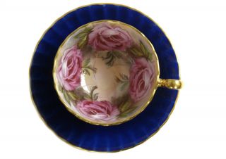 Aynsley Teacup And Saucer - Signed J.  A.  Bailey - 4 Pink Cabbage Roses - Cobalt