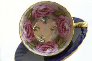 AYNSLEY TEACUP AND SAUCER - SIGNED J.  A.  BAILEY - 4 PINK CABBAGE ROSES - COBALT 2