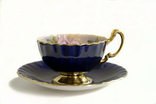 AYNSLEY TEACUP AND SAUCER - SIGNED J.  A.  BAILEY - 4 PINK CABBAGE ROSES - COBALT 3