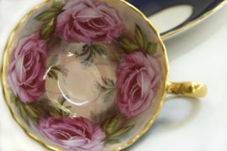 AYNSLEY TEACUP AND SAUCER - SIGNED J.  A.  BAILEY - 4 PINK CABBAGE ROSES - COBALT 5