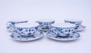 5 Teacups & Saucers 1130 - Blue Fluted Full Lace Royal Copenhagen - 3rd Quality