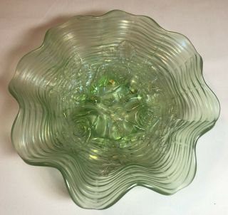 Northwood Rose Show Green Iridescent Ruffled Bowl Antique Carnival Glass