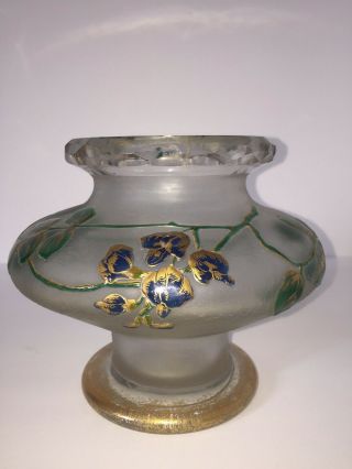 French Cameo Art Glass Vase St Denis 5.  5” 6.  5 Legras,  C.  1900 Hand Painted