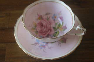 Paragon Pink Cabbage Rose Bouquet Flowers White Gold Tea Cup Teacup Saucer