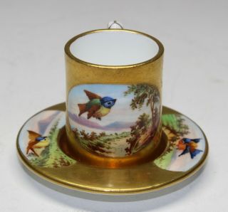 Miniature Coalport Cup & Saucer Flying Bird Scenic Panels W/heavy Gold