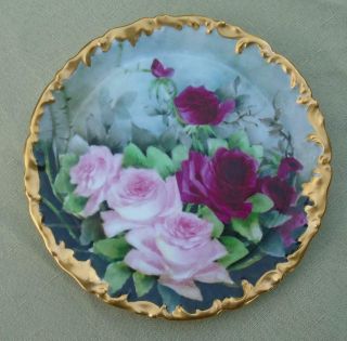 Antique T&v Limoges Plate Or Small Tray Hand Painted Roses Gold Trim