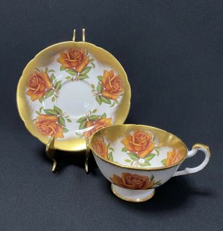 Rare Aynsley Orange Cabbage Roses Teacup And Saucer Heavy Gold