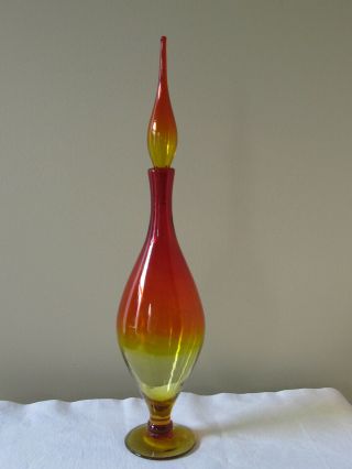 Vintage 23 " Amberina Blenko Glass Decanter Flame Stopper Mid Century Modern