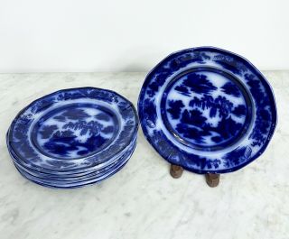 7 Podmore Walker & Co 19th Century Flow Blue Ironstone Manilla Dessert Plates