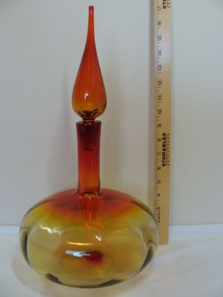 16.  5 " Vtg Hand Blown Flame Stopper Amberina Blenko Glass Decanter Genie Bottle