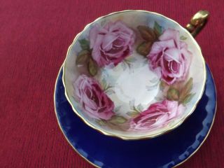 Rare Aynsley 4 Large Cabbage Pink Roses Floating Heavy Gold Tea Cup & Saucer Set