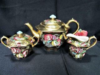 Stunning Sadler England Teapot - Creamer - Sugar Bowl W/lid Flowers On Gold Kt7749