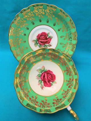 Paragon Red Floating Cabbage Rose Heavy Gold Gilt Green Cup & Saucer 2