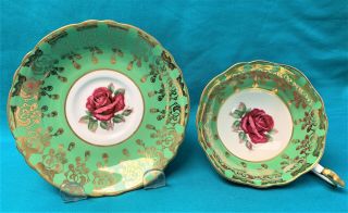 Paragon Red Floating Cabbage Rose Heavy Gold Gilt Green Cup & Saucer 3