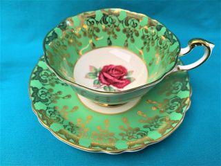 Paragon Red Floating Cabbage Rose Heavy Gold Gilt Green Cup & Saucer 4