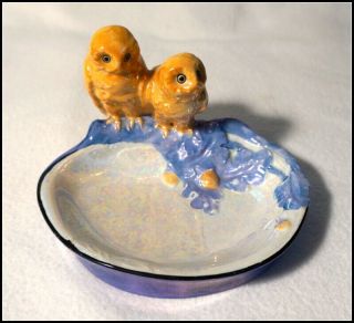 Noritake Art Deco Tan Blue Luster Two Owl Figural Vanity Oval Dish 076