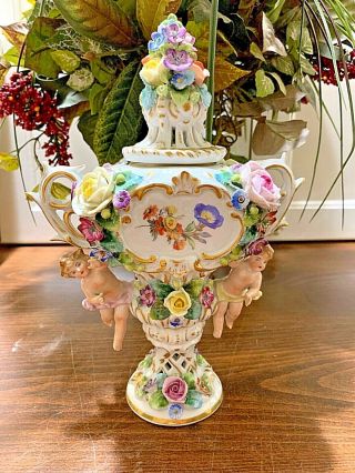 Antique Sitzendorf Dresden Figural Cherub & Applied Flowers Potpourri Urn/vase