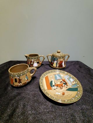 1911 Buffalo Pottery Emerald Deldare Ware Dr.  Syntax Creamer Lidded Sugar Cup An