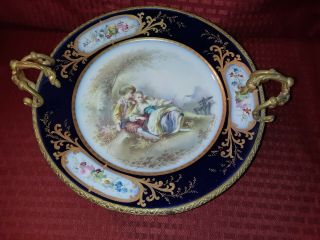 Antique French Sevres Porcelain Handpainted Bronze Mounted Serving Plate Wow