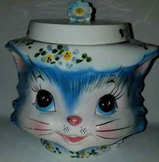 Lefton Miss Priss Cookie Jar Blue Cat Kitty 8 " Tall 1502