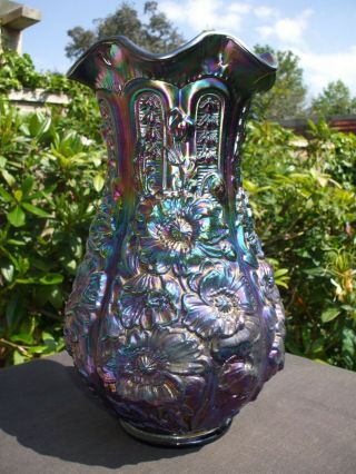 Carnival Glass.  Huge Black Amethyst Poppy Show Vase.  Fenton For Singleton Bailey.
