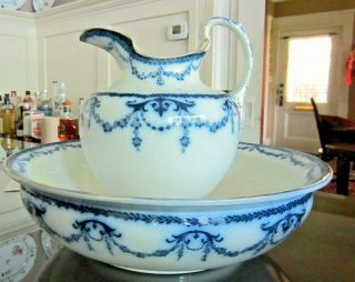 Flow Blue Royal Vitreous " Imperial " Pitcher And Bowl John Maddock & Son