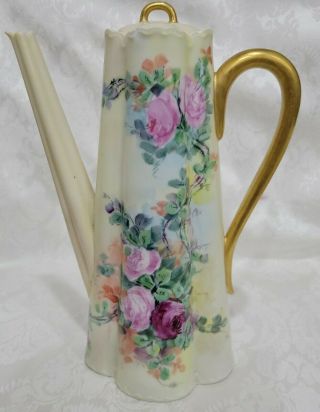 Antique Haviland Limoges France Hand Painted Roses &gold Coffee Pot Unusual